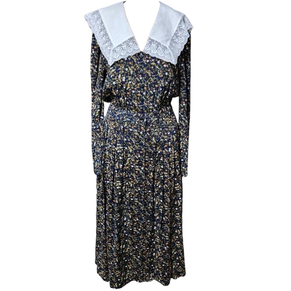 VTG 80s Karin Stevens Floral Midi Dress 8 Lace Collar Pocket Prairie Cottagecore - Picture 4 of 16